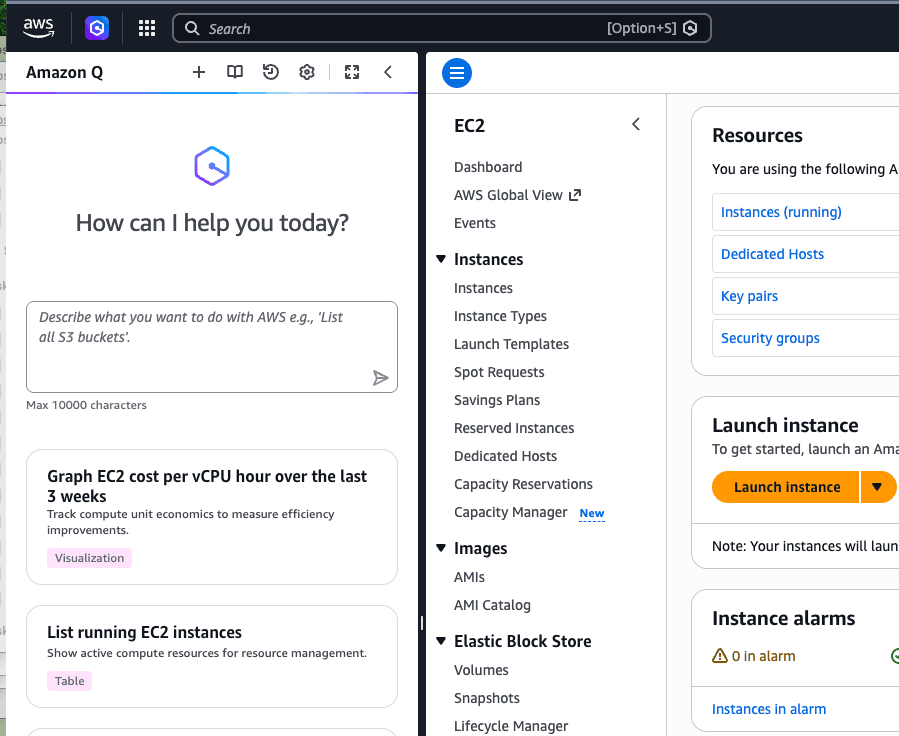 Amazon Q assistant inside the AWS console